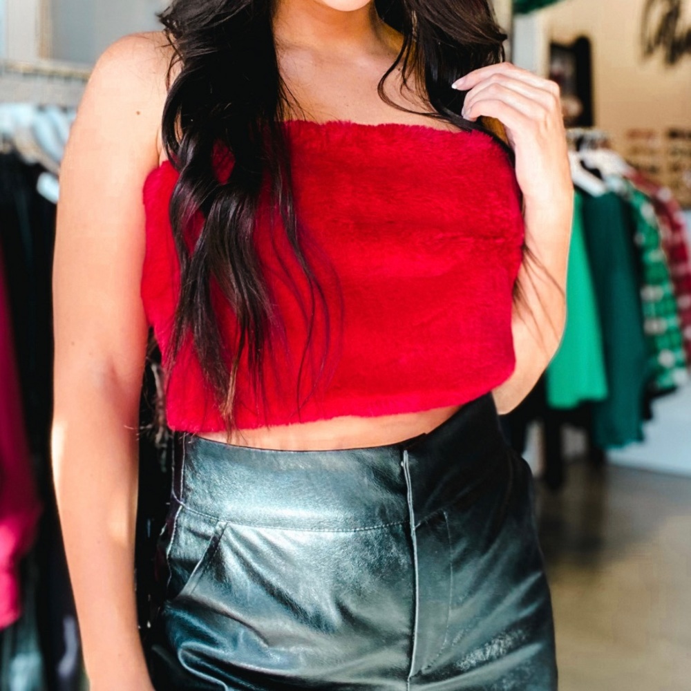 Le Lis Candy Apple Red Strapless Fur Tube Top